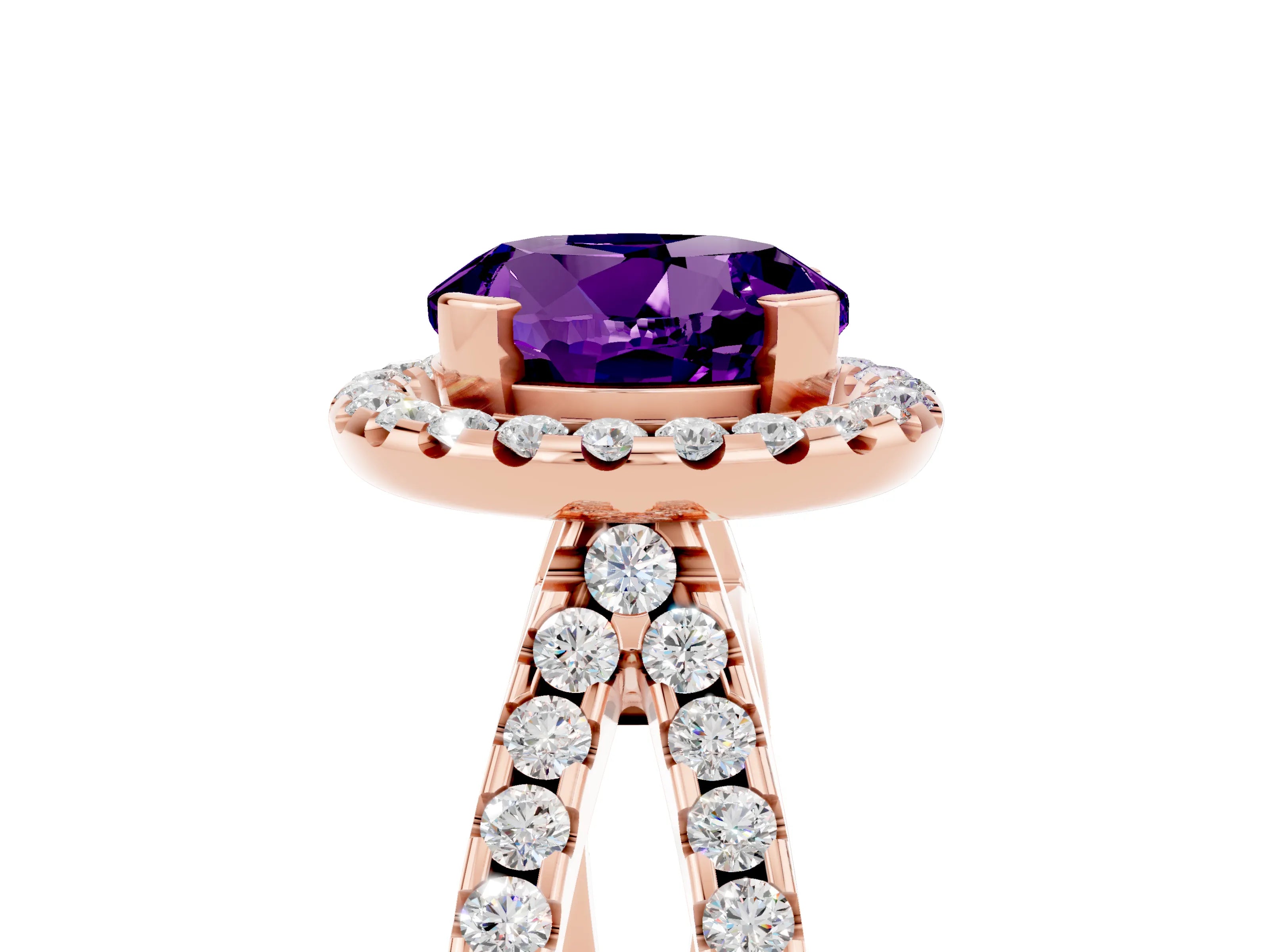 Rose gold Round Cut Amethyst Halo Ring with Split Shank Pavé Band and Prong Setting_5