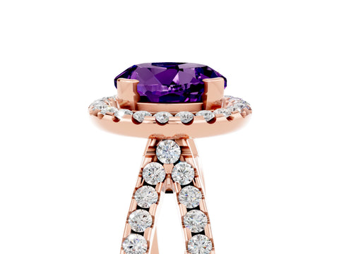 Rose gold Round Cut Amethyst Halo Ring with Split Shank Pavé Band and Prong Setting_5