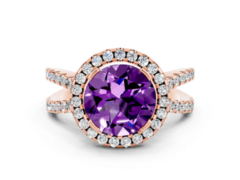 Rose gold Round Cut Amethyst Halo Ring with Split Shank Pavé Band and Prong Setting