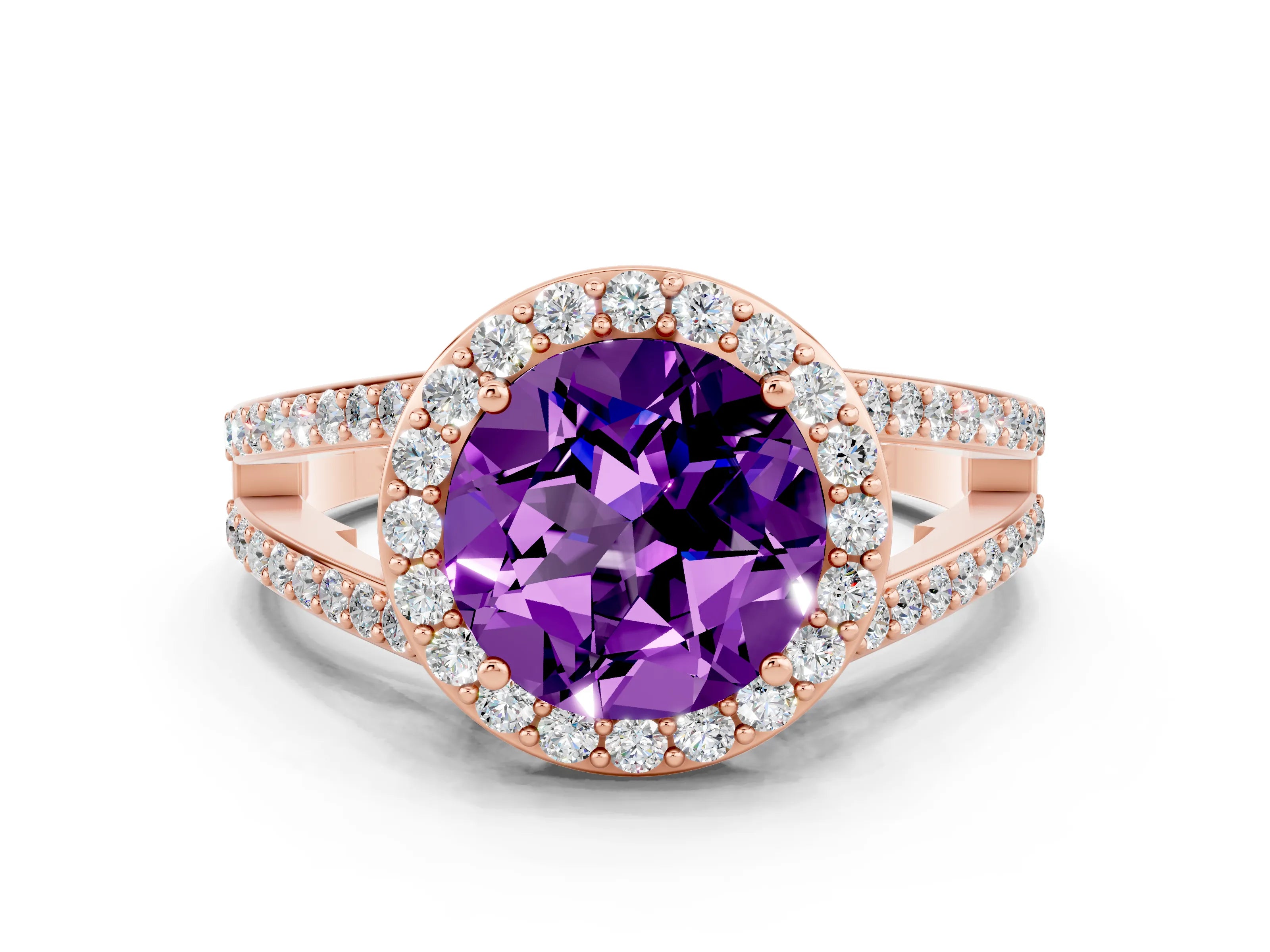 Rose gold Round Cut Amethyst Halo Ring with Split Shank U-Prong Band and Four-Prong Setting