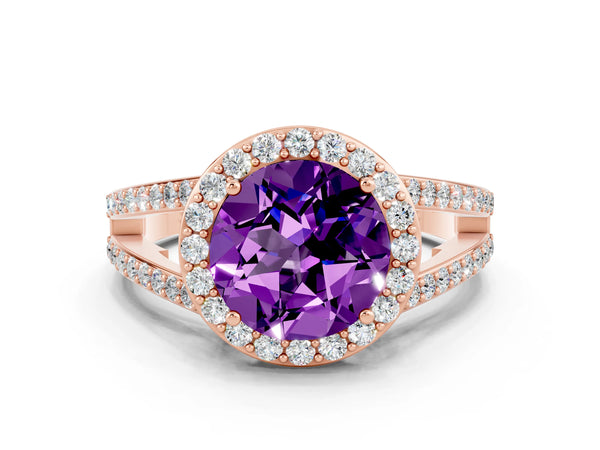 Rose gold Round Cut Amethyst Halo Ring with Split Shank U-Prong Band and Four-Prong Setting