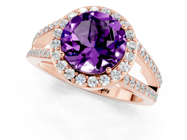 Rose gold Round Cut Amethyst Halo Ring with Split Shank U-Prong Band and Four-Prong Setting