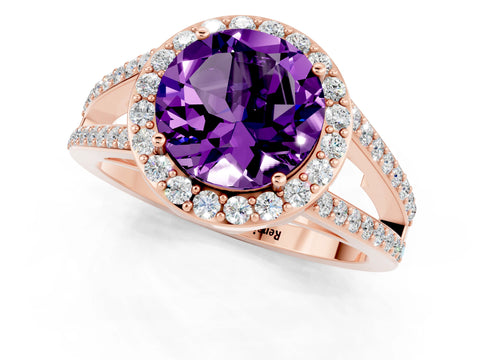 Rose gold Round Cut Amethyst Halo Ring with Split Shank U-Prong Band and Four-Prong Setting_1