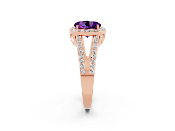 Rose gold Round Cut Amethyst Halo Ring with Split Shank U-Prong Band and Four-Prong Setting