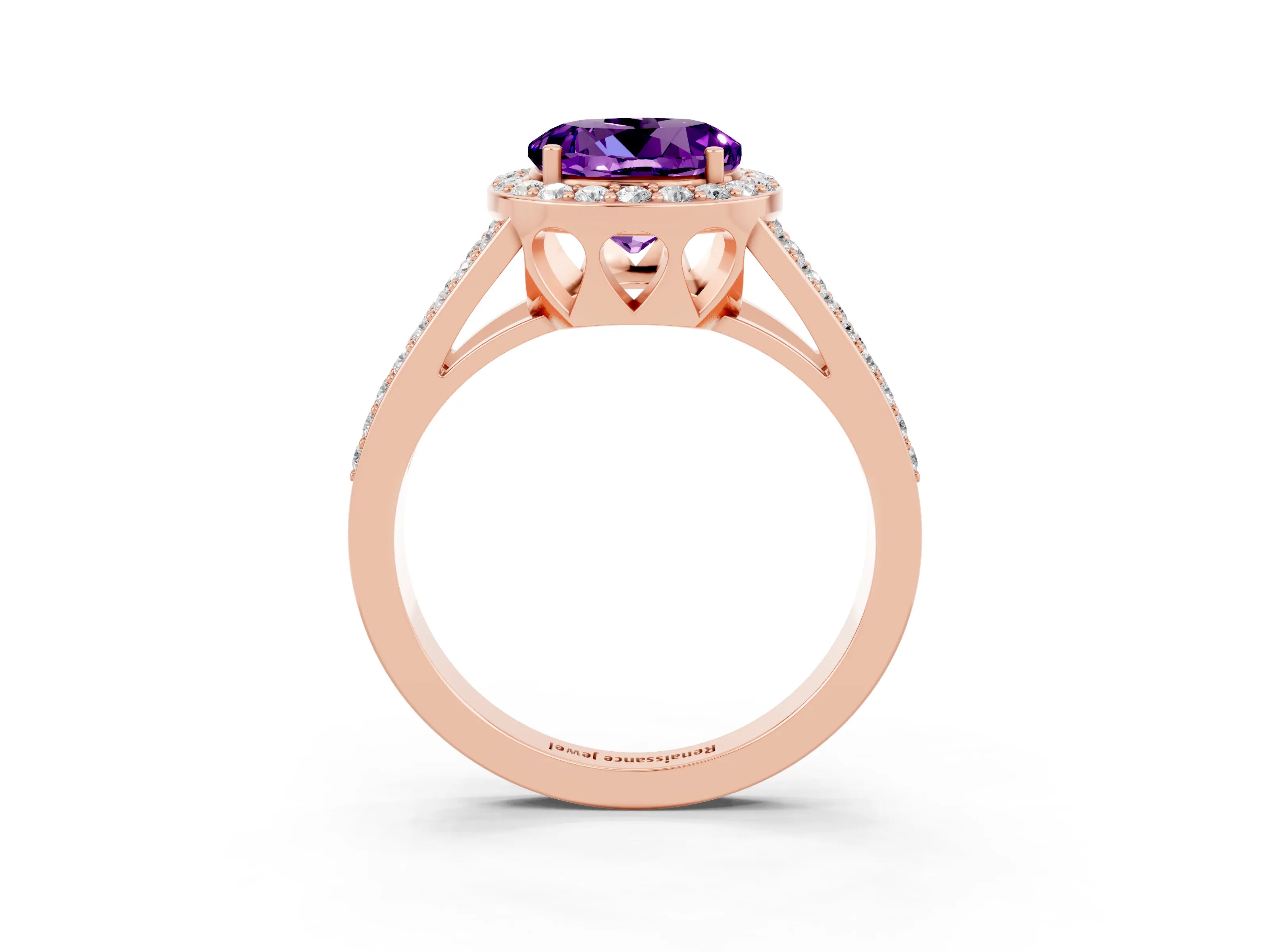Rose gold Round Cut Amethyst Halo Ring with Split Shank U-Prong Band and Four-Prong Setting_3
