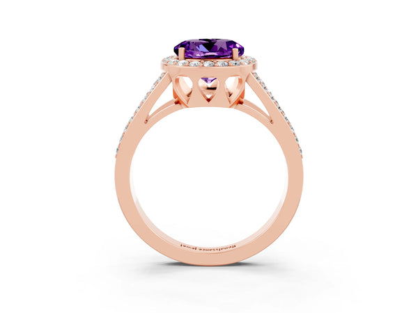 Rose gold Round Cut Amethyst Halo Ring with Split Shank U-Prong Band and Four-Prong Setting