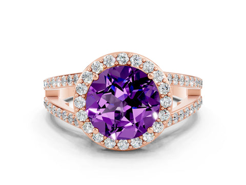 Rose gold Round Cut Amethyst Halo Ring with Split Shank U-Prong Band and Four-Prong Setting