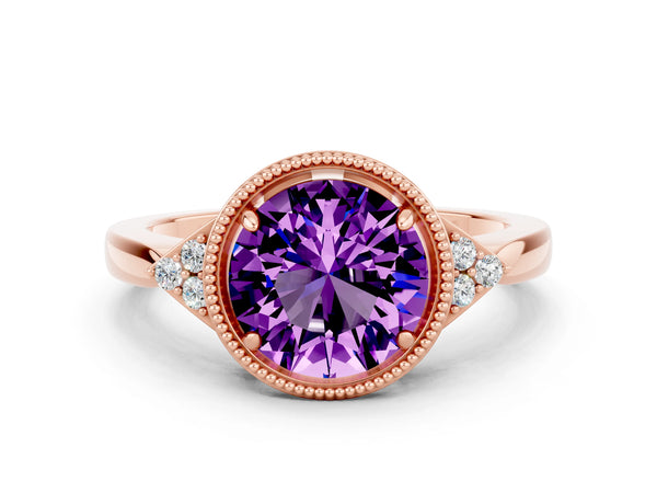 Rose gold Round Cut Amethyst Halo Ring with Tapered Band and Four-Prong Setting