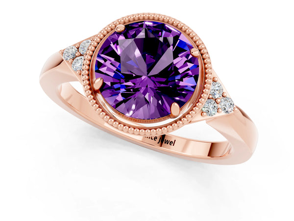 Rose gold Round Cut Amethyst Halo Ring with Tapered Band and Four-Prong Setting