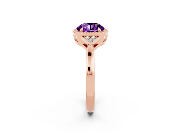 Rose gold Round Cut Amethyst Halo Ring with Tapered Band and Four-Prong Setting