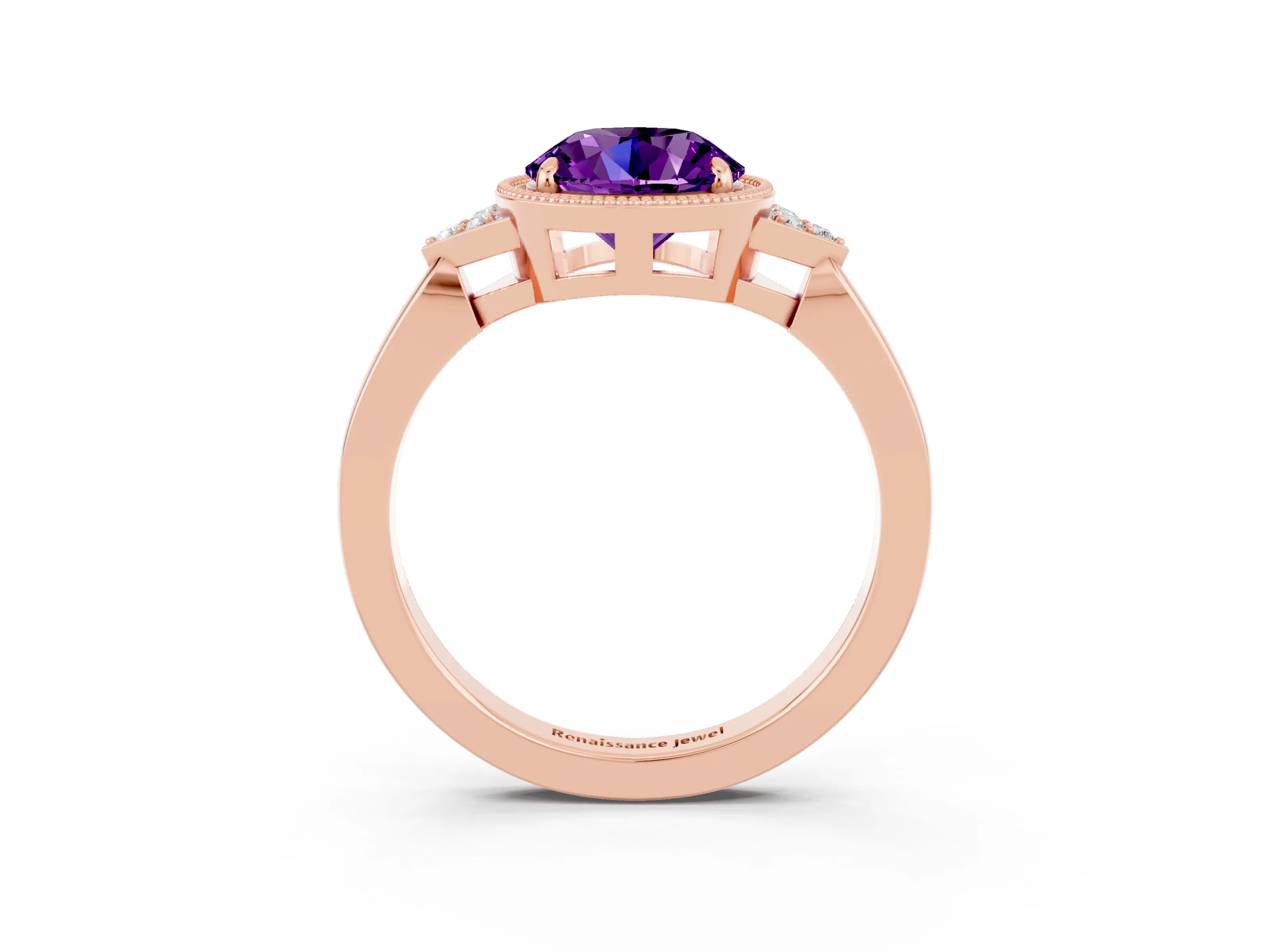 Rose gold Round Cut Amethyst Halo Ring with Tapered Band and Four-Prong Setting_3