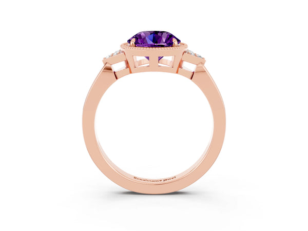 Rose gold Round Cut Amethyst Halo Ring with Tapered Band and Four-Prong Setting