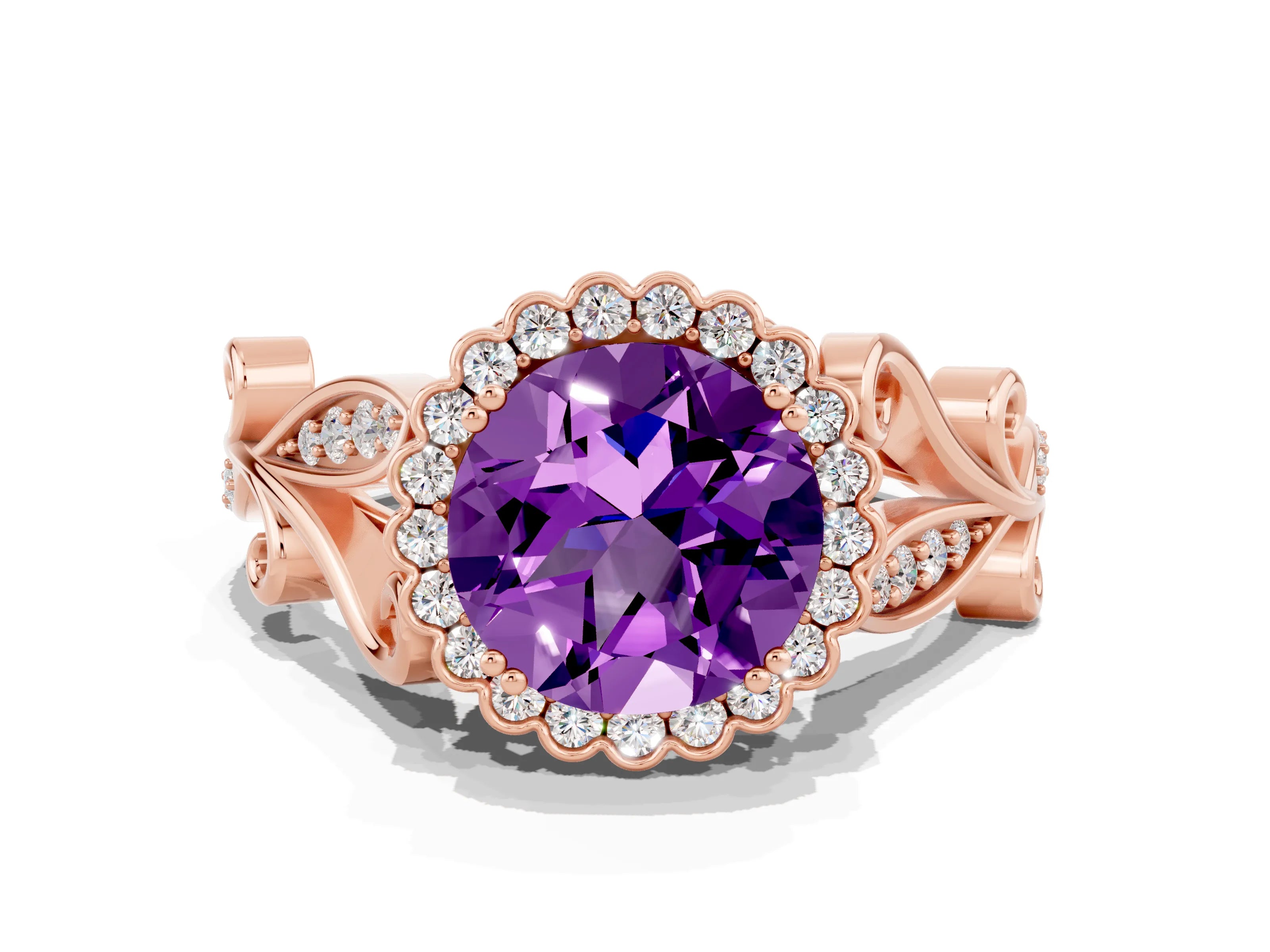 Rose gold Round Cut Amethyst Halo Ring with Vintage Split Shank and Four-Prong Setting_20