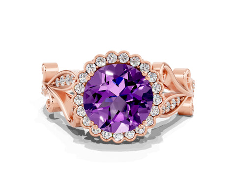 Rose gold Round Cut Amethyst Halo Ring with Vintage Split Shank and Four-Prong Setting_20