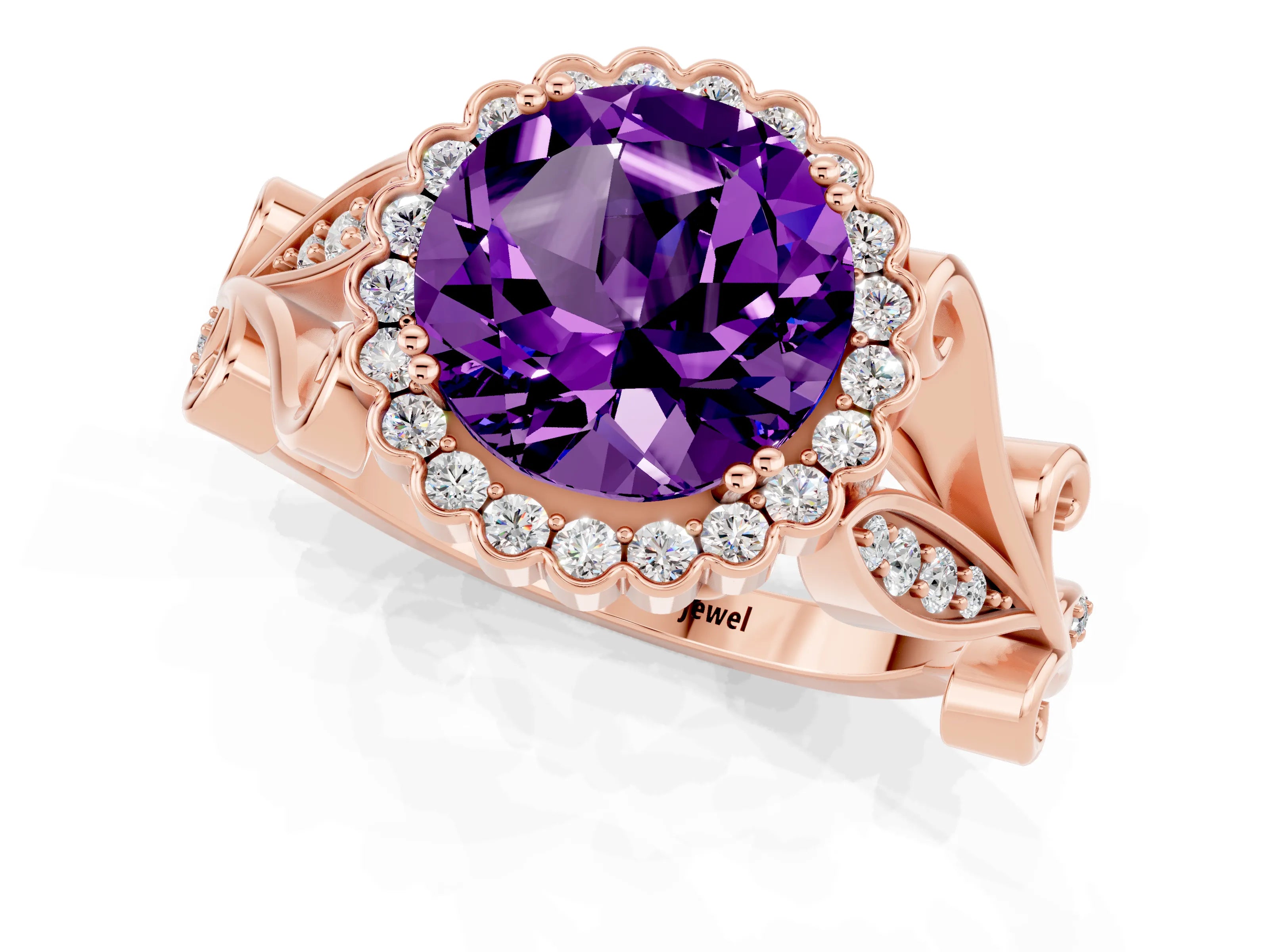 Rose gold Round Cut Amethyst Halo Ring with Vintage Split Shank and Four-Prong Setting_21