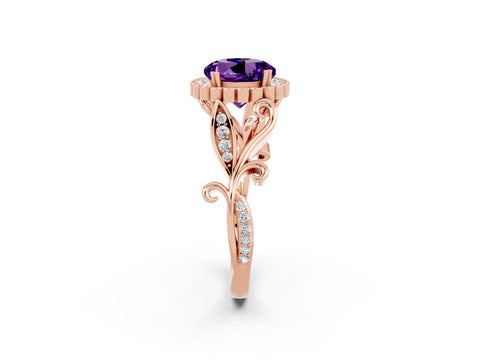 Rose gold Round Cut Amethyst Halo Ring with Vintage Split Shank and Four-Prong Setting_22
