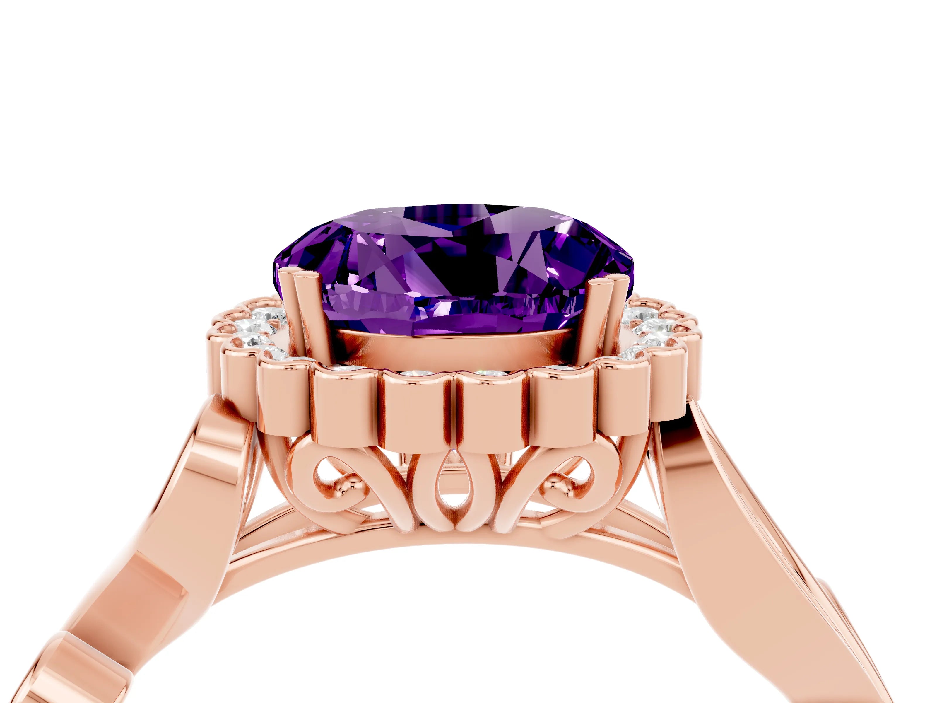 Rose gold Round Cut Amethyst Halo Ring with Vintage Split Shank and Four-Prong Setting_24