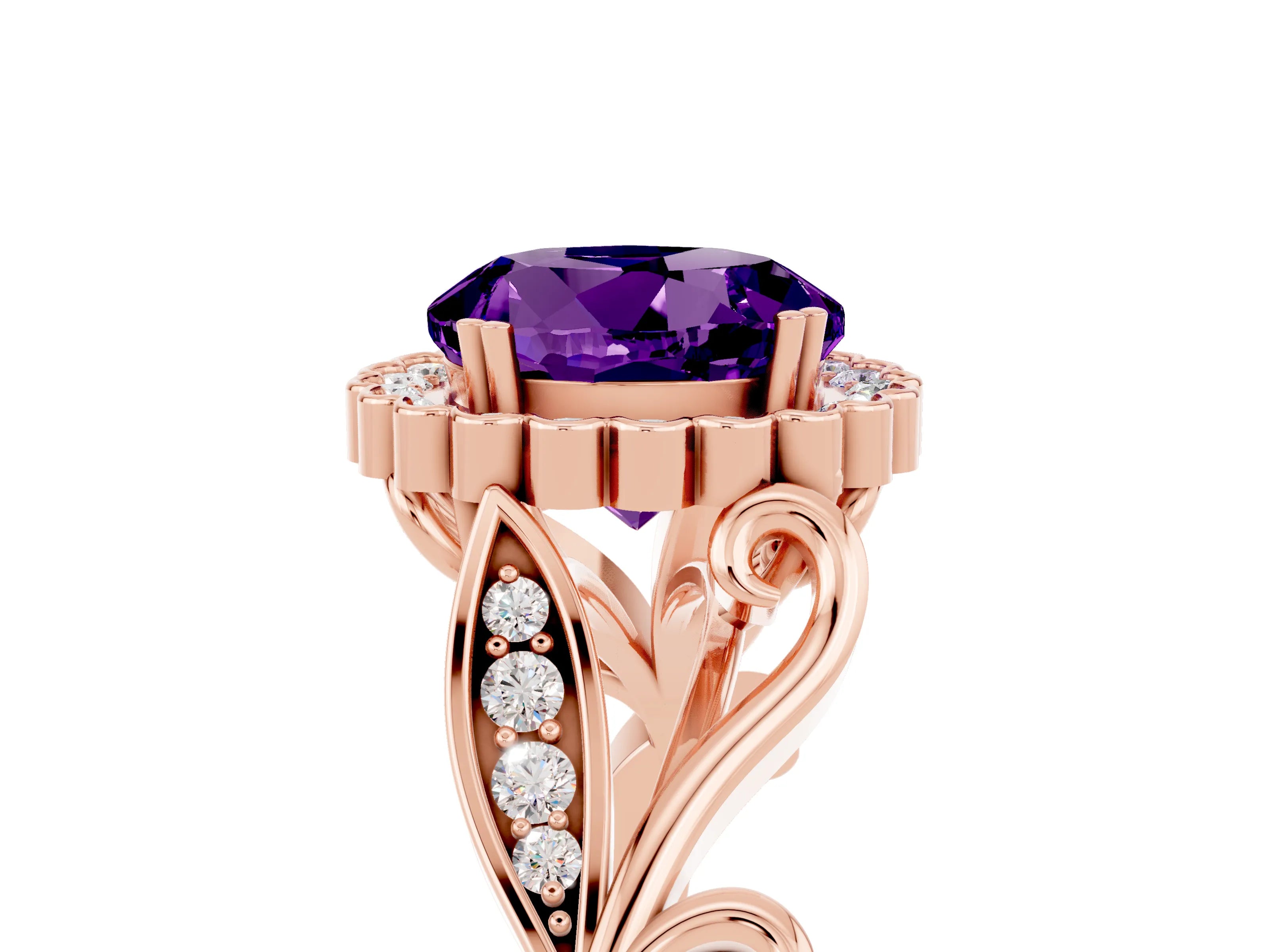 Rose gold Round Cut Amethyst Halo Ring with Vintage Split Shank and Four-Prong Setting_25