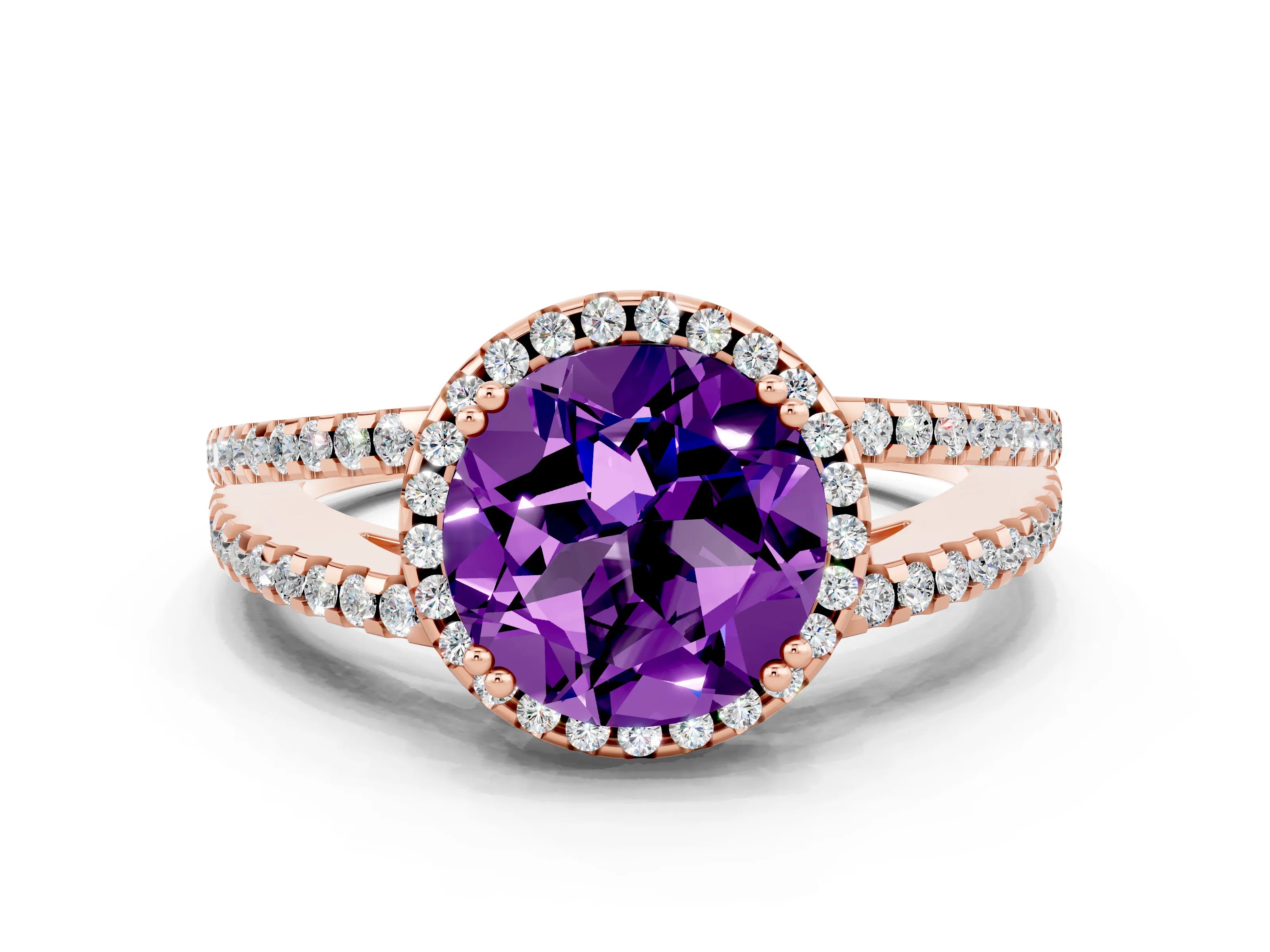 Rose gold Round Cut Amethyst Halo Split Shank Engagement Ring_12