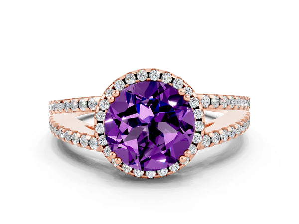 Rose gold Round Cut Amethyst Halo Split Shank Engagement Ring