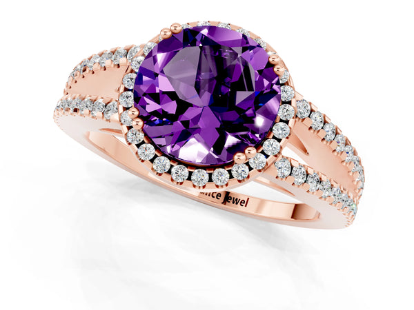 Rose gold Round Cut Amethyst Halo Split Shank Engagement Ring