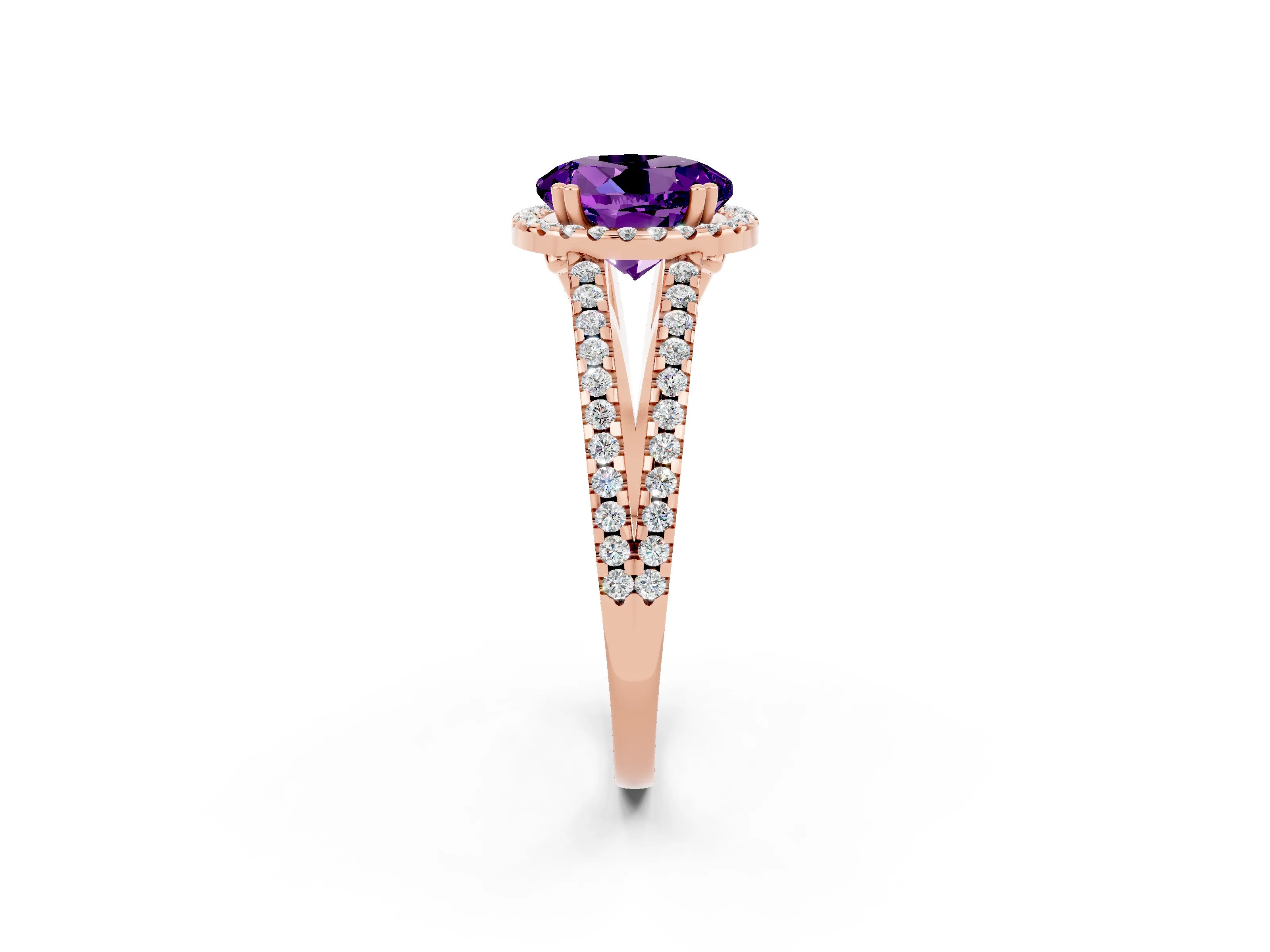 Rose gold Round Cut Amethyst Halo Split Shank Engagement Ring_14