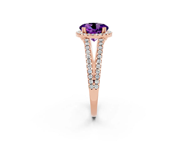 Rose gold Round Cut Amethyst Halo Split Shank Engagement Ring