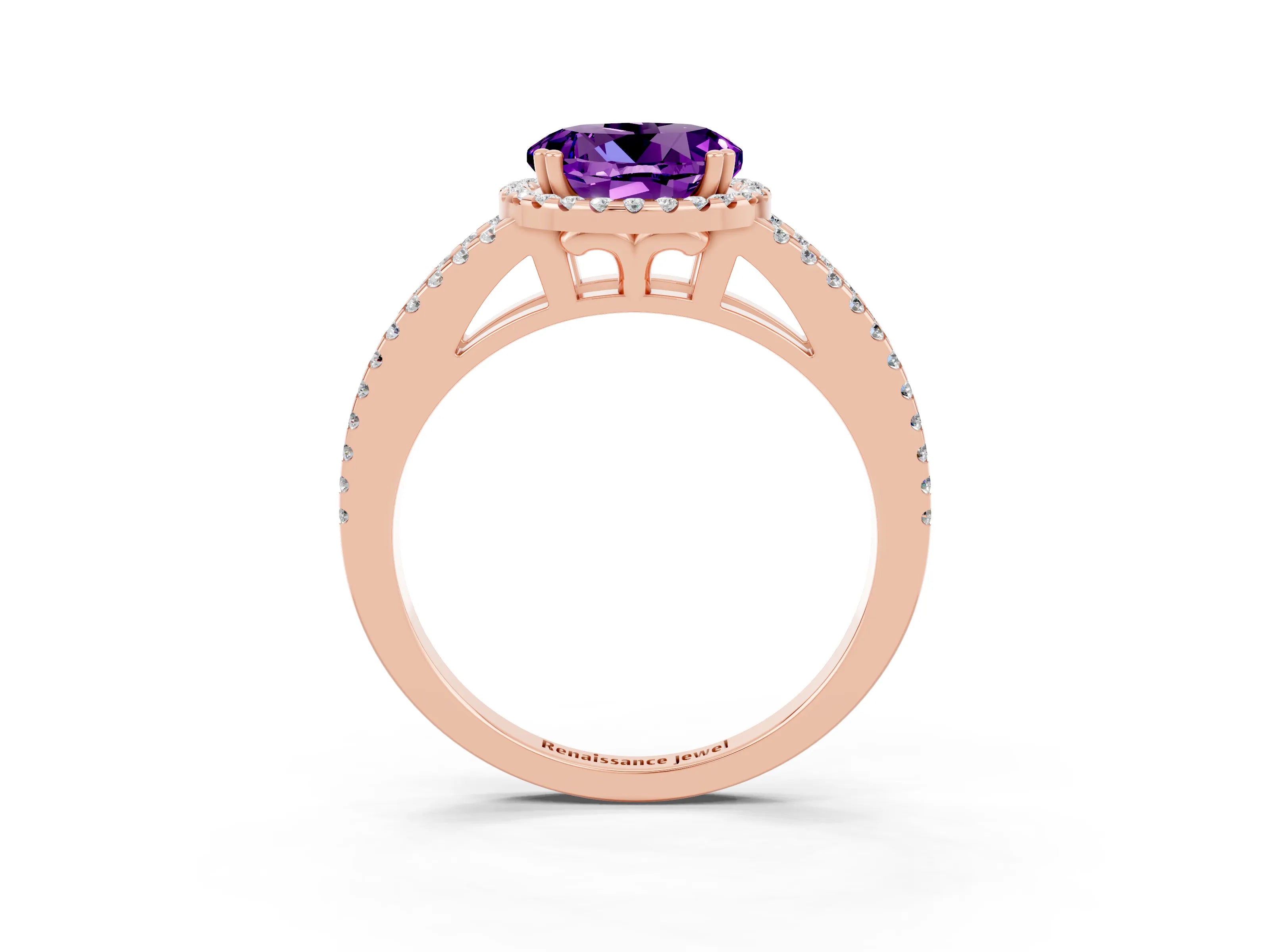 Rose gold Round Cut Amethyst Halo Split Shank Engagement Ring_15