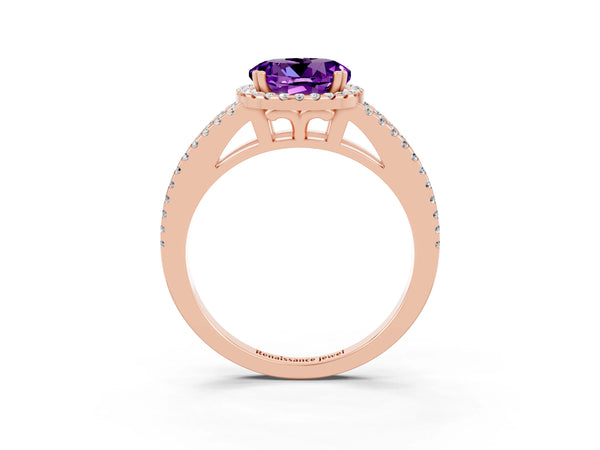 Rose gold Round Cut Amethyst Halo Split Shank Engagement Ring