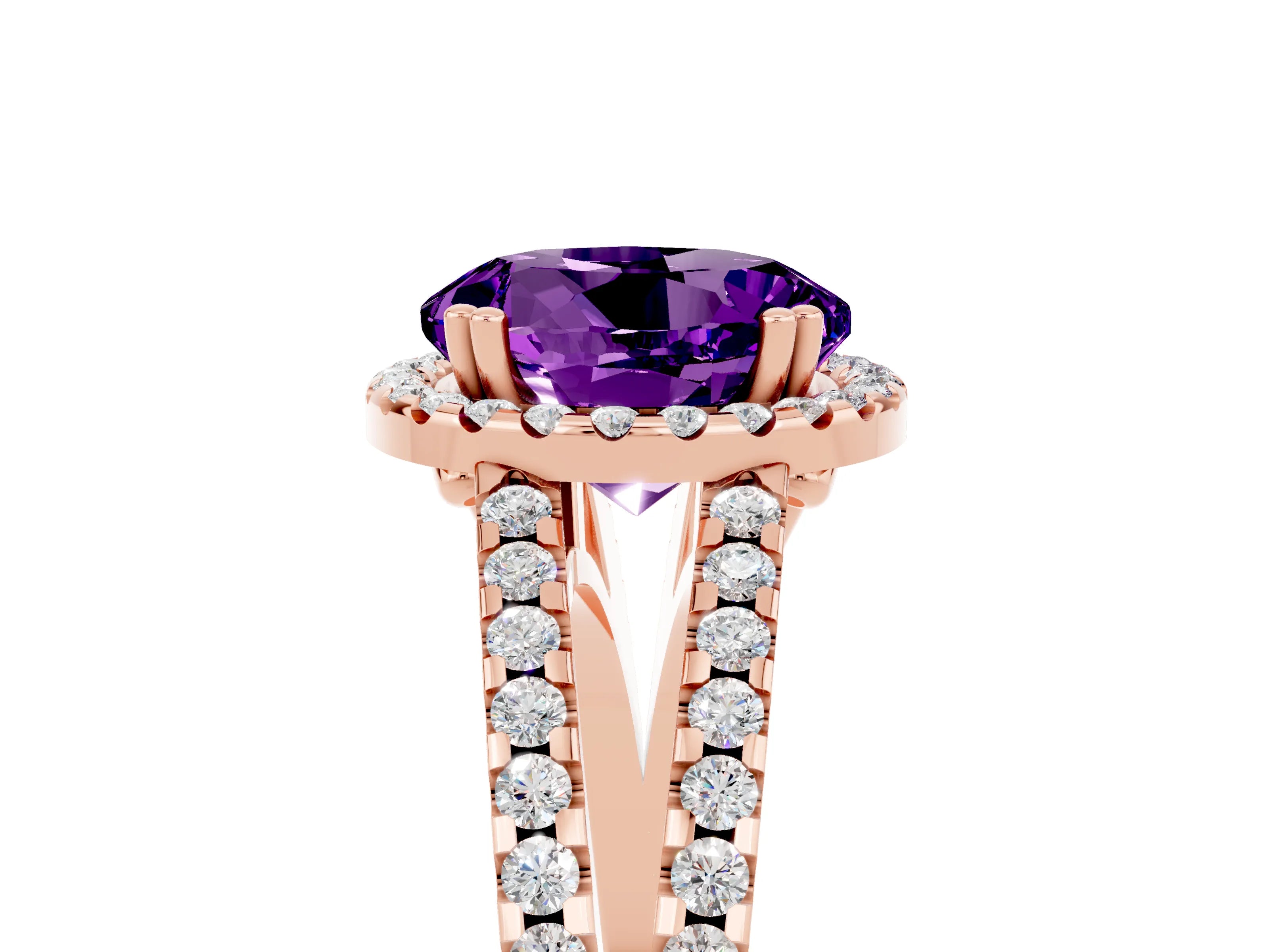 Rose gold Round Cut Amethyst Halo Split Shank Engagement Ring_17