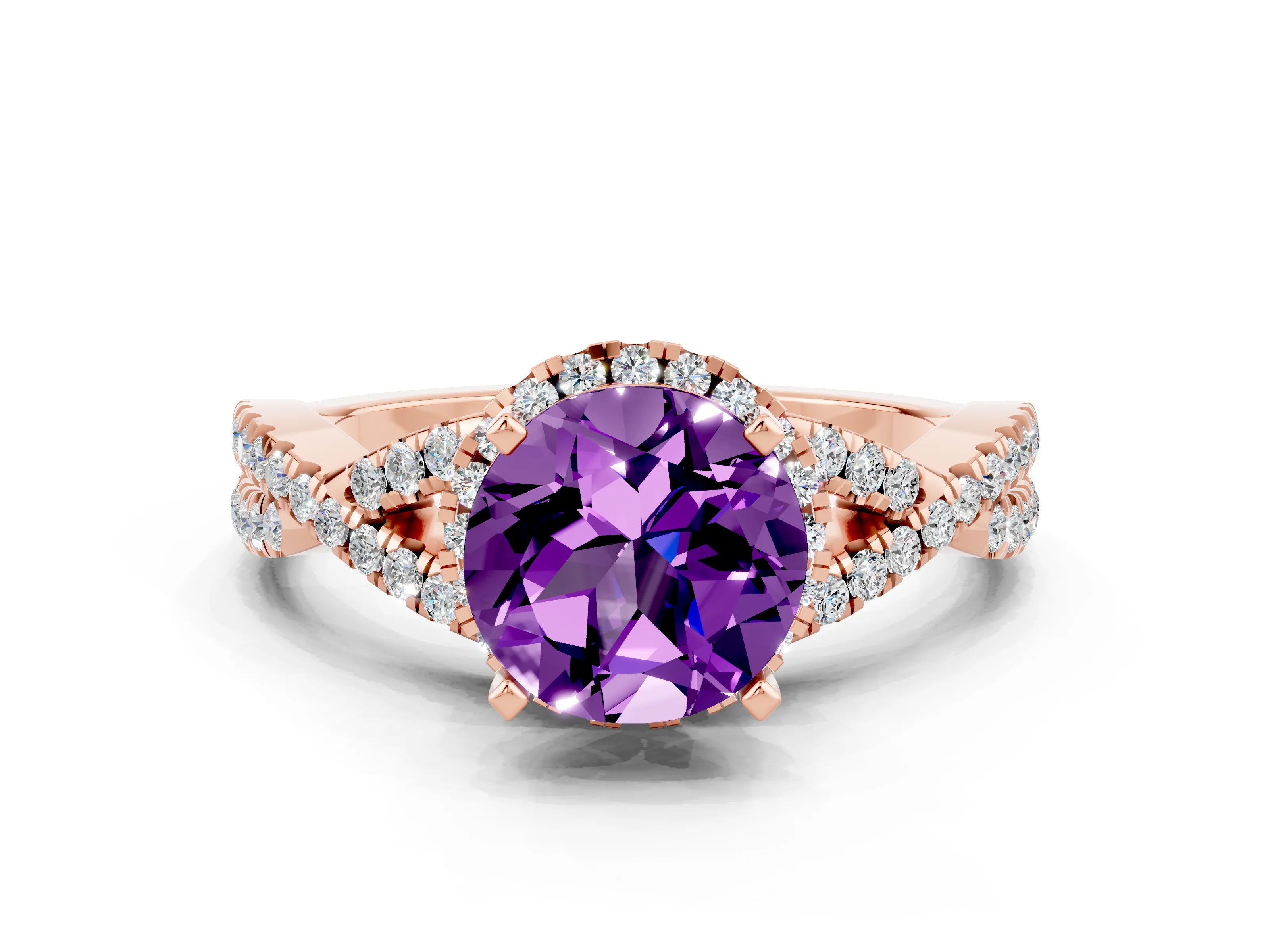 Rose gold Round Cut Amethyst Halo Twist Band Solitaire Prong Setting Ring