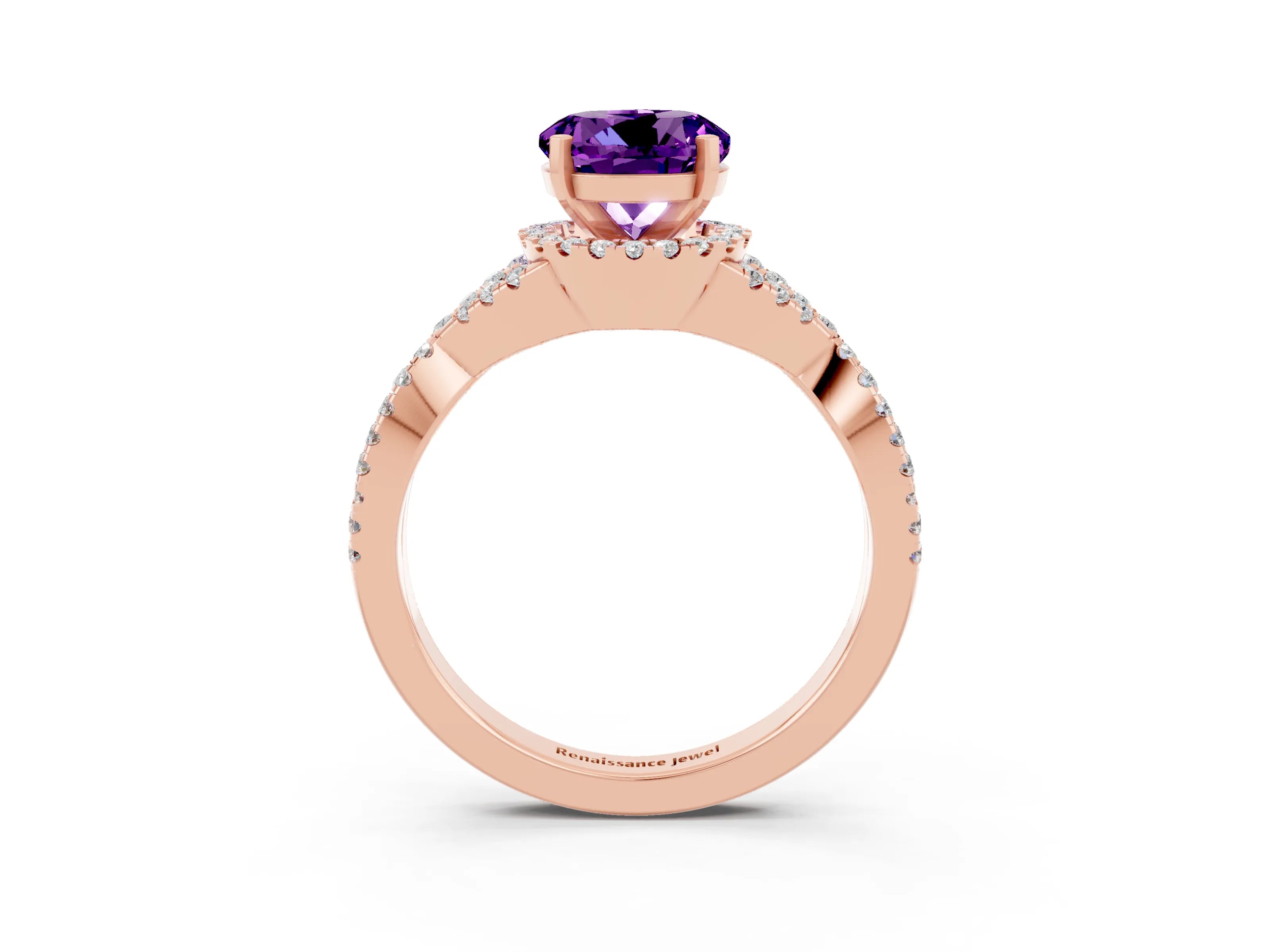 Rose gold Round Cut Amethyst Halo Twist Band Solitaire Prong Setting Ring_3