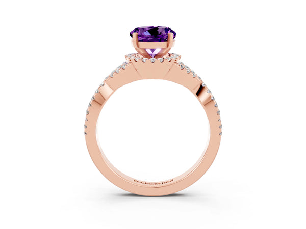 Rose gold Round Cut Amethyst  Halo Twist Band Solitaire Prong Setting Ring