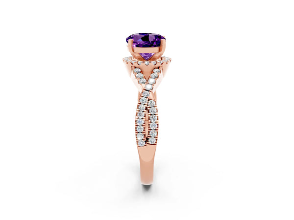 Rose gold Round Cut Amethyst  Halo Twist Band Solitaire Prong Setting Ring