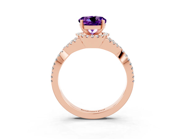 Rose gold Round Cut Amethyst  Halo Twist Band Solitaire Prong Setting Ring