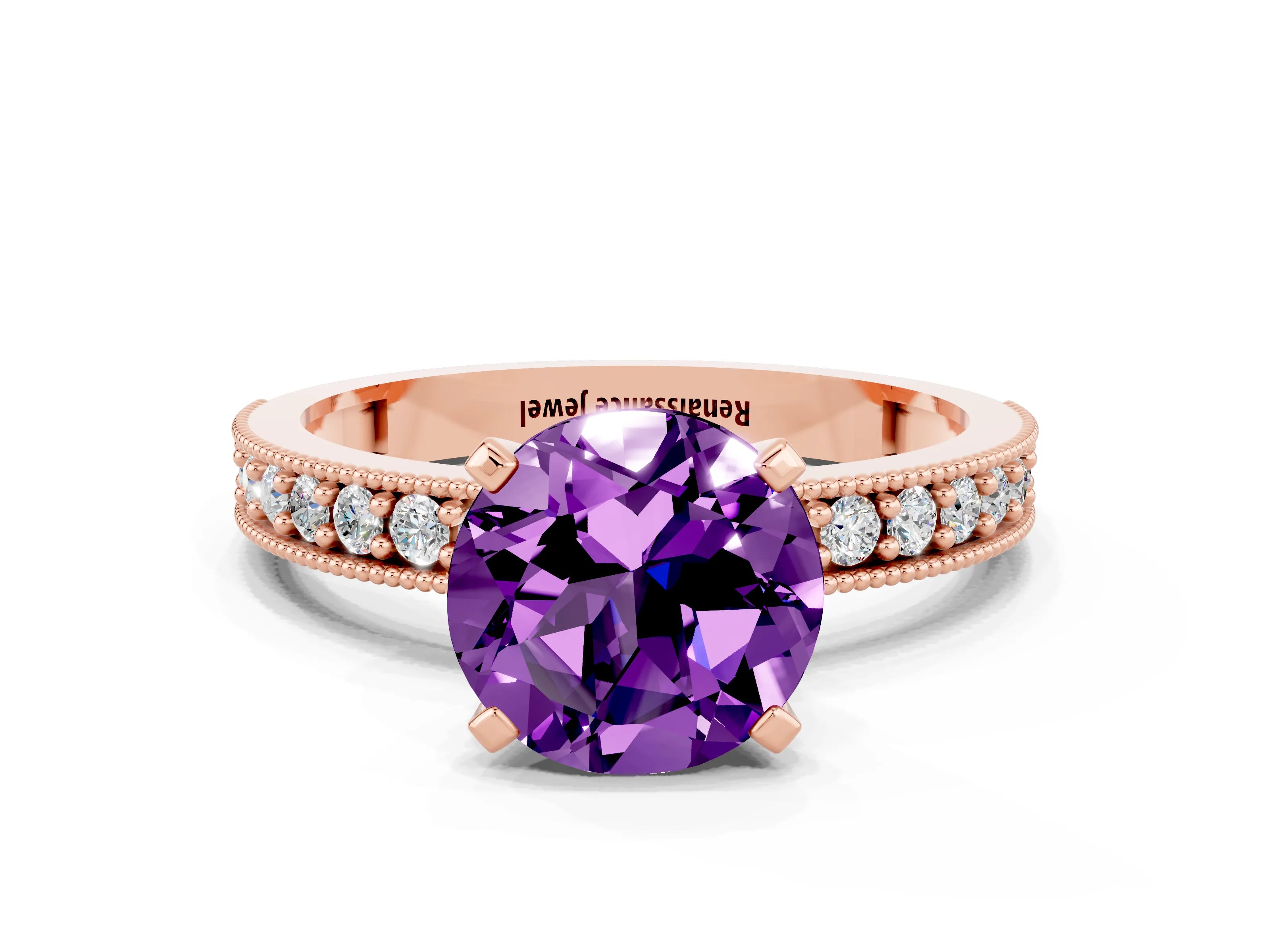 Rose gold Round Cut Amethyst Milgrain Pavé Engagement Ring with Four-Prong Setting