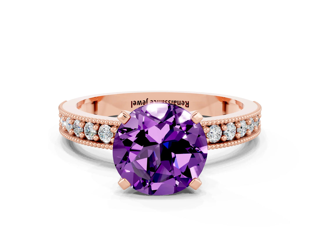Rose gold Round Cut Amethyst Milgrain Pavé Engagement Ring with Four-Prong Setting