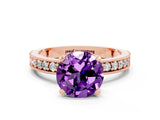 Rose gold Round Cut Amethyst Milgrain Pavé Engagement Ring with Four-Prong Setting