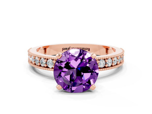 Rose gold Round Cut Amethyst Milgrain Pavé Engagement Ring with Four-Prong Setting