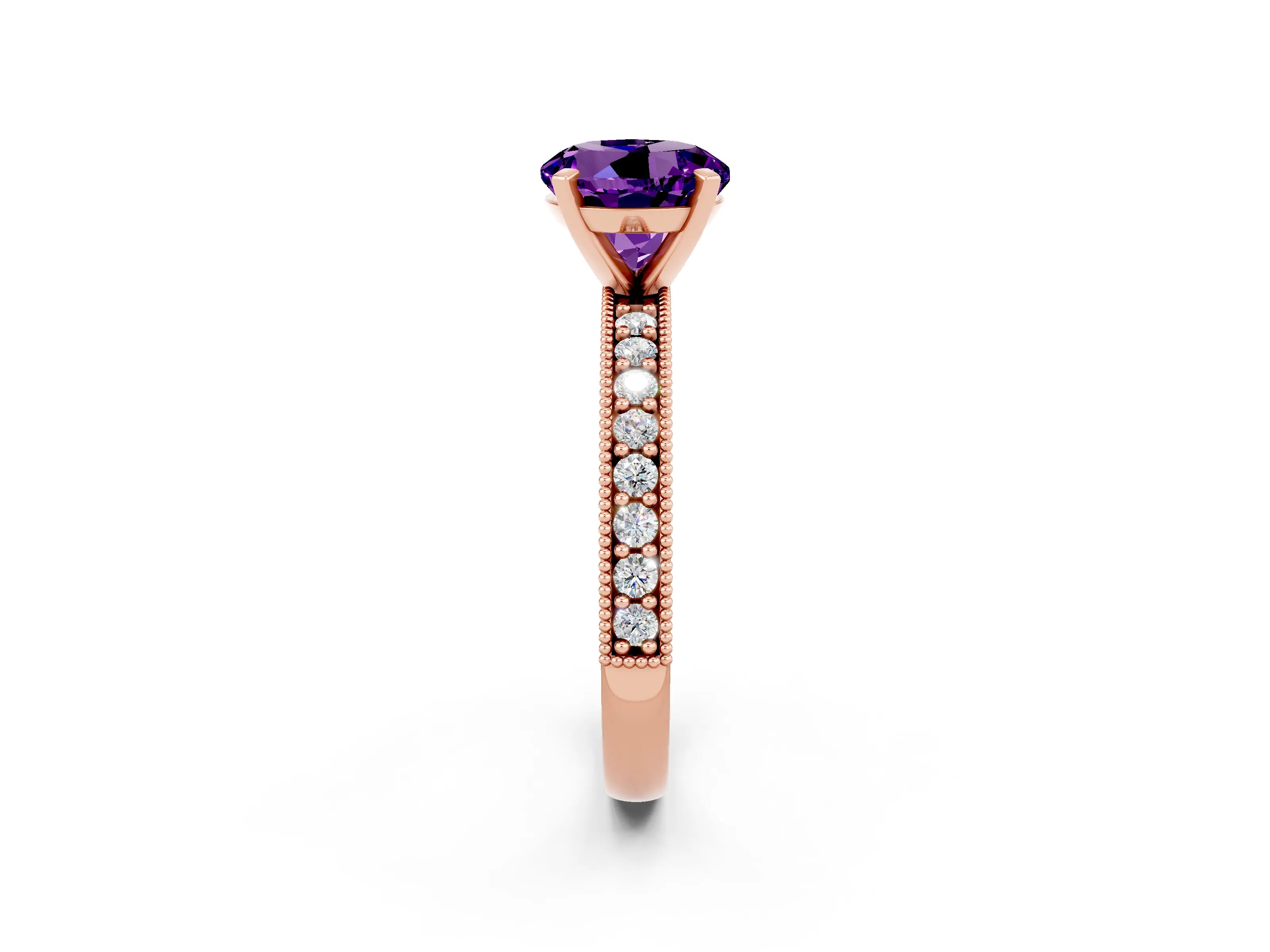 Rose gold Round Cut Amethyst Milgrain Pavé Engagement Ring with Four-Prong Setting_2