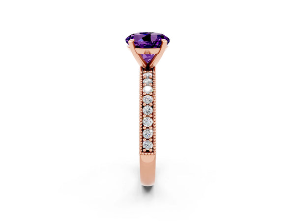 Rose gold Round Cut Amethyst Milgrain Pavé Engagement Ring with Four-Prong Setting