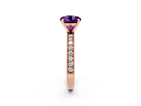 Rose gold Round Cut Amethyst Milgrain Pavé Engagement Ring with Four-Prong Setting_2