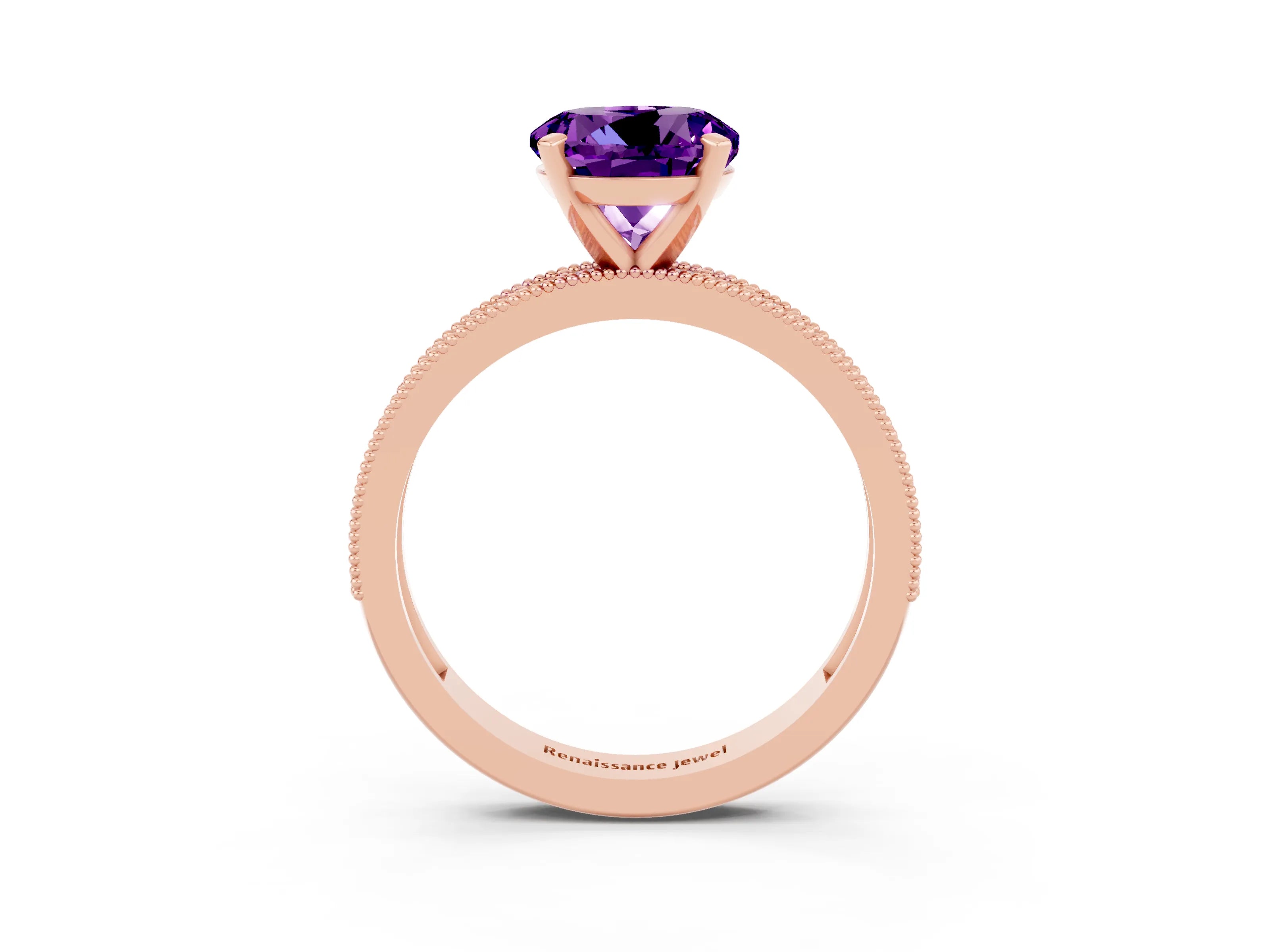 Rose gold Round Cut Amethyst Milgrain Pavé Engagement Ring with Four-Prong Setting_3