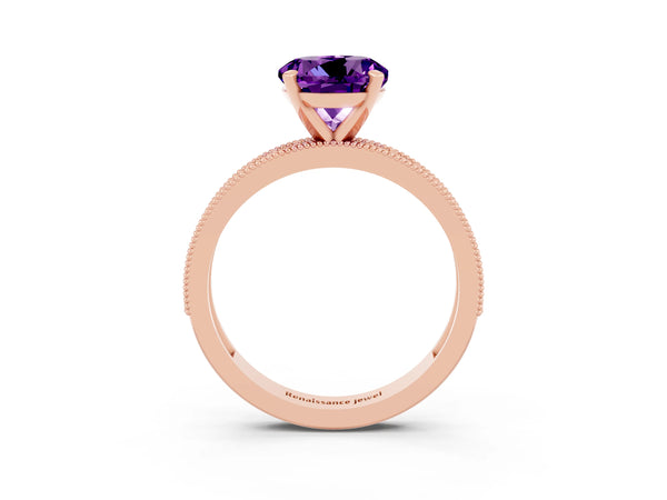 Rose gold Round Cut Amethyst Milgrain Pavé Engagement Ring with Four-Prong Setting