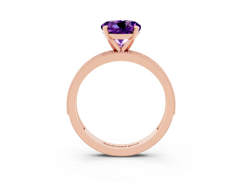 Rose gold Round Cut Amethyst Milgrain Pavé Engagement Ring with Four-Prong Setting_3