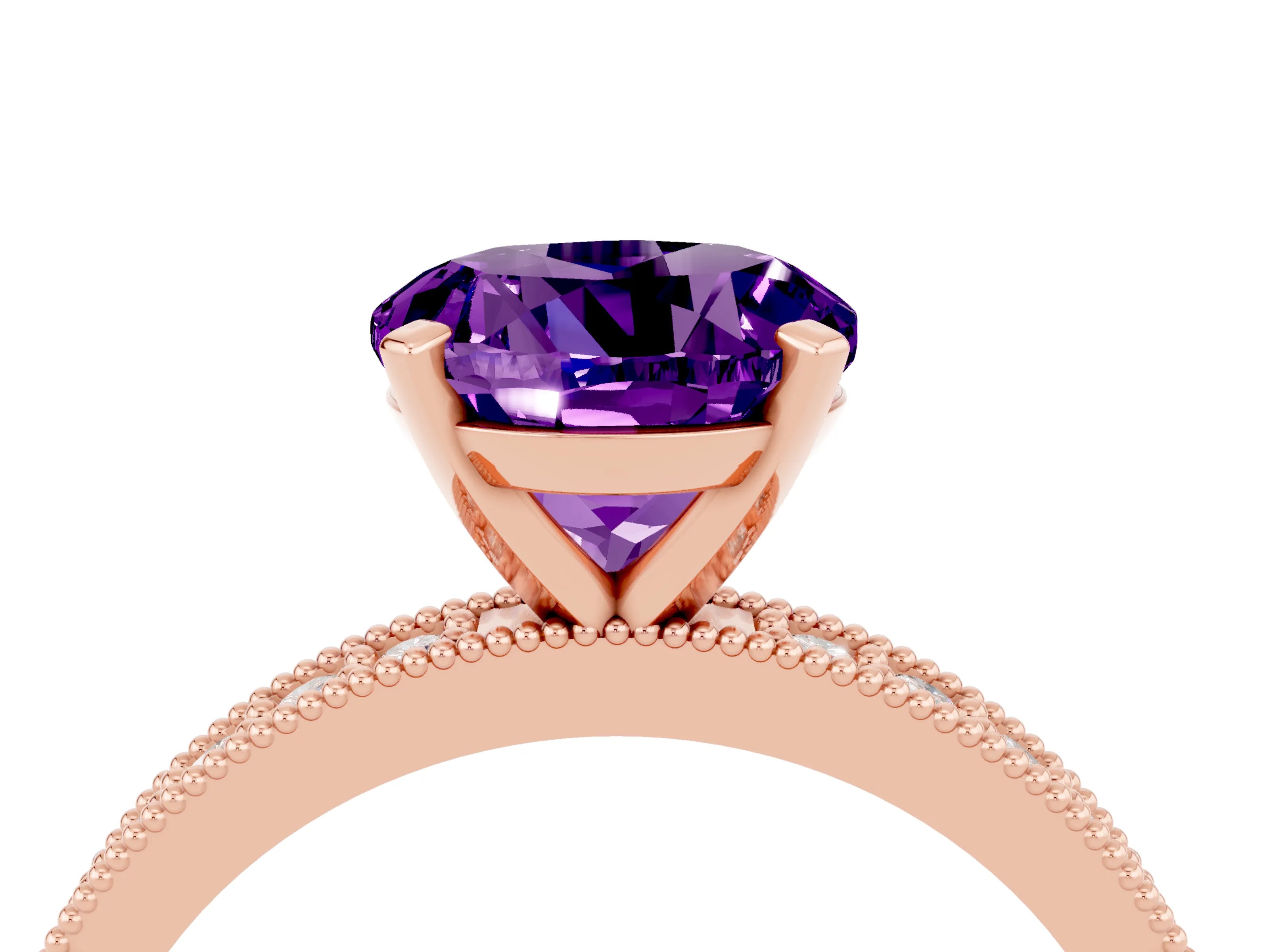 Rose gold Round Cut Amethyst Milgrain Pavé Engagement Ring with Four-Prong Setting_4
