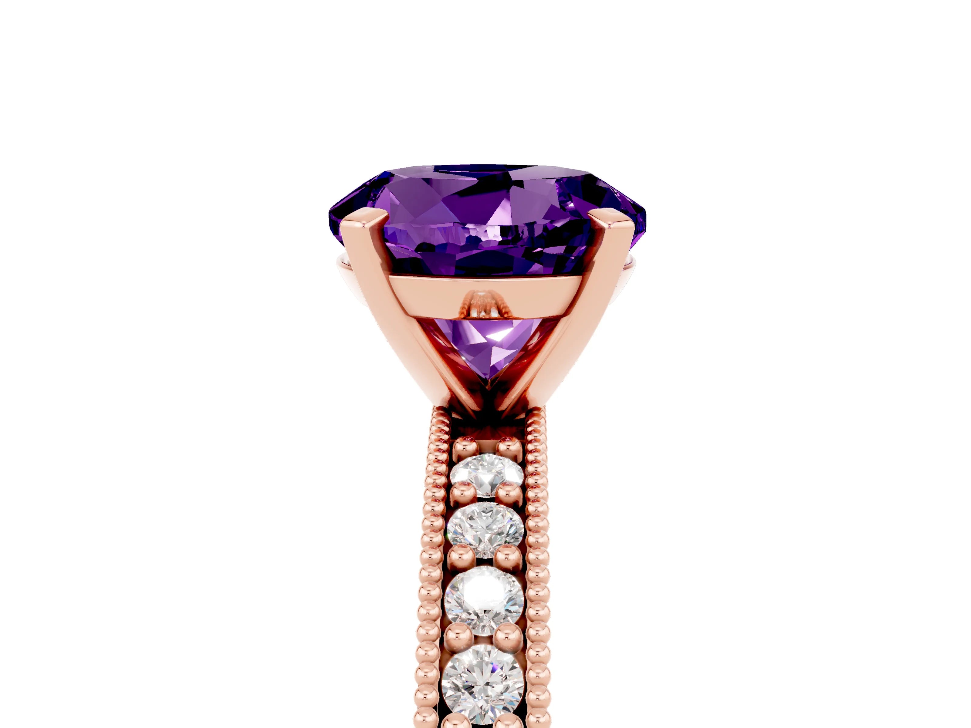 Rose gold Round Cut Amethyst Milgrain Pavé Engagement Ring with Four-Prong Setting_5