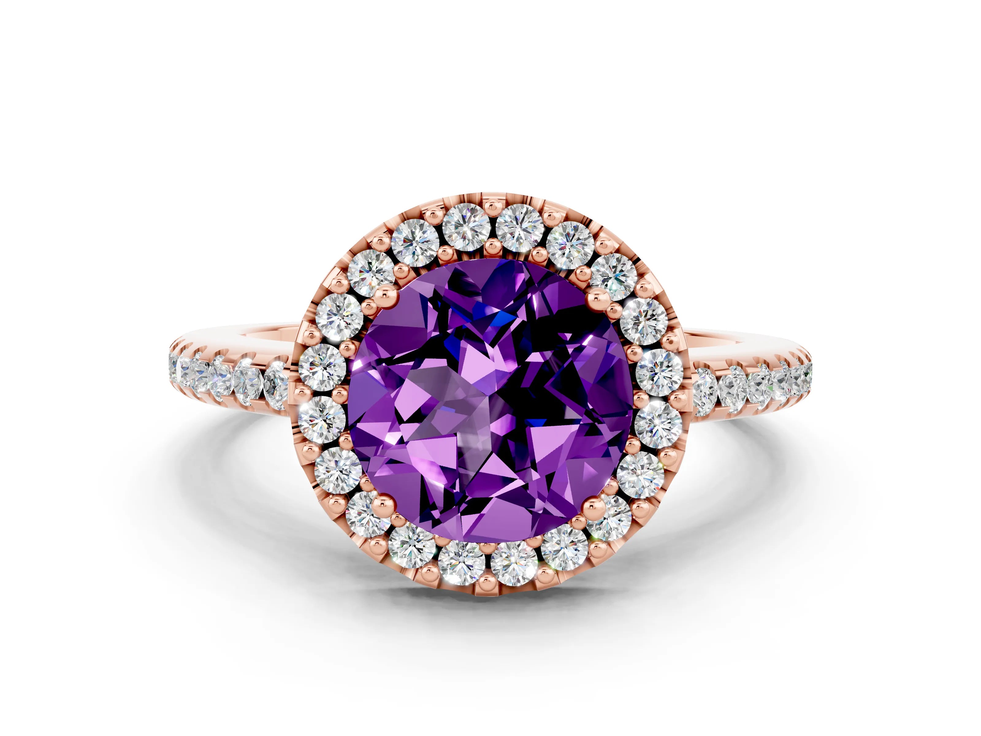 Rose gold Round Cut Amethyst Pavé Halo Ring with Four-Prong Setting_12