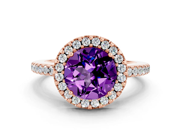 Rose gold Round Cut Amethyst Pavé Halo Ring with Four-Prong Setting