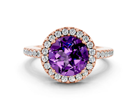 Rose gold Round Cut Amethyst Pavé Halo Ring with Four-Prong Setting_12